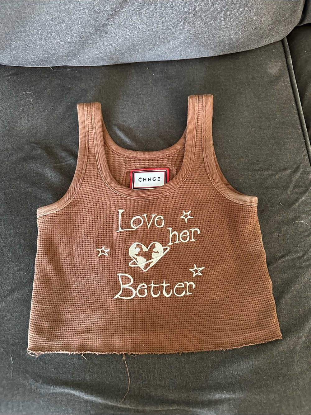 CHNGE Brown Waffle Knit "Love Her Better" Earth Crop Tank Top - Size S